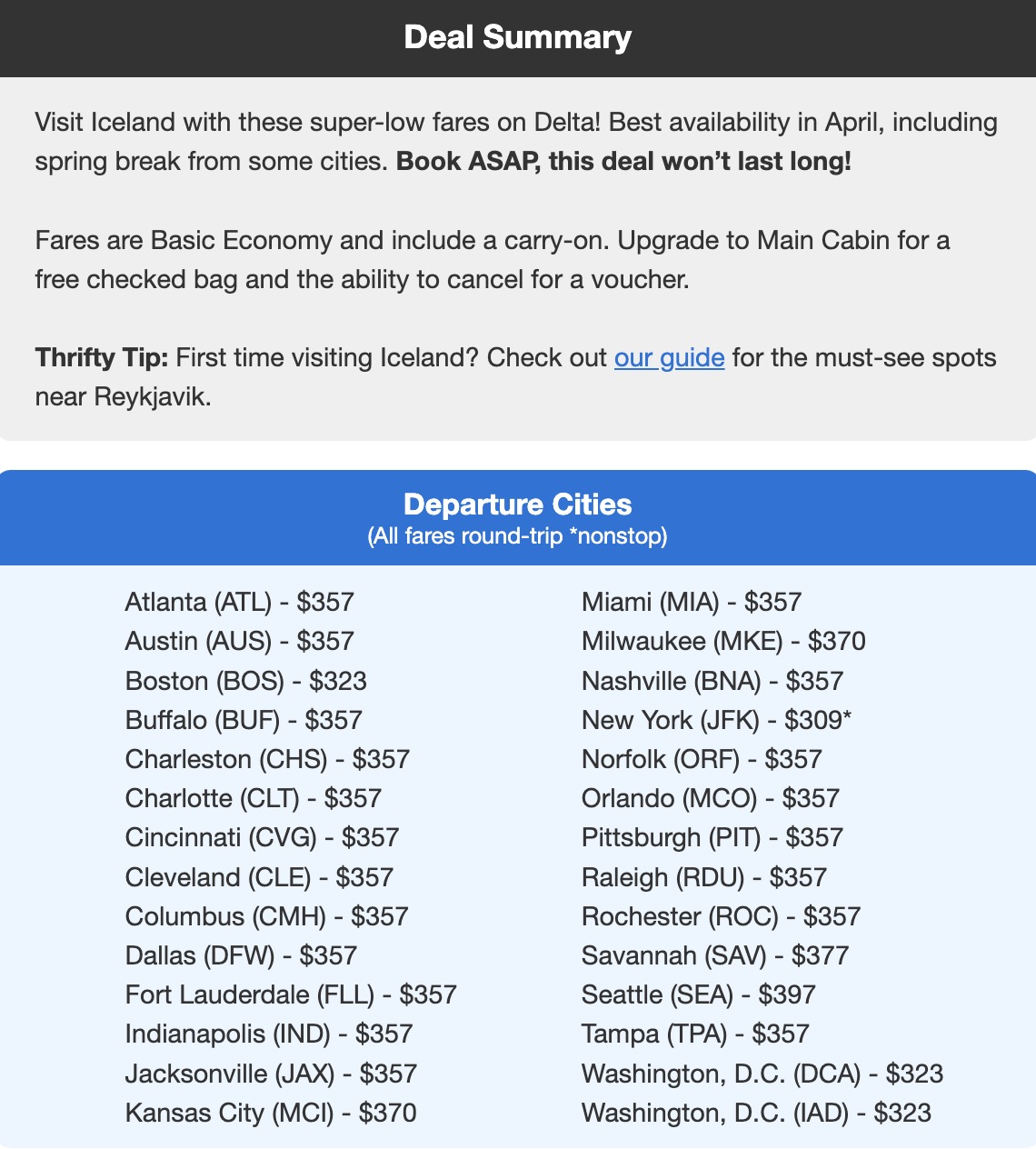 Iceland Delta airfare roundup with roundtrip fares in the $300s. 